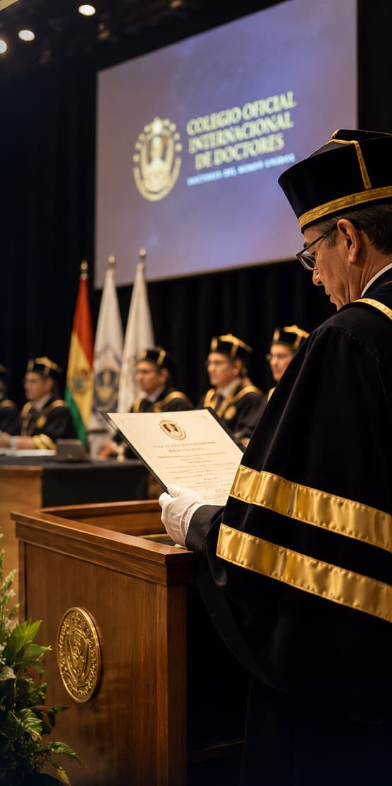 Doctor leyendo el acta de colegiación ante la mesa de honor